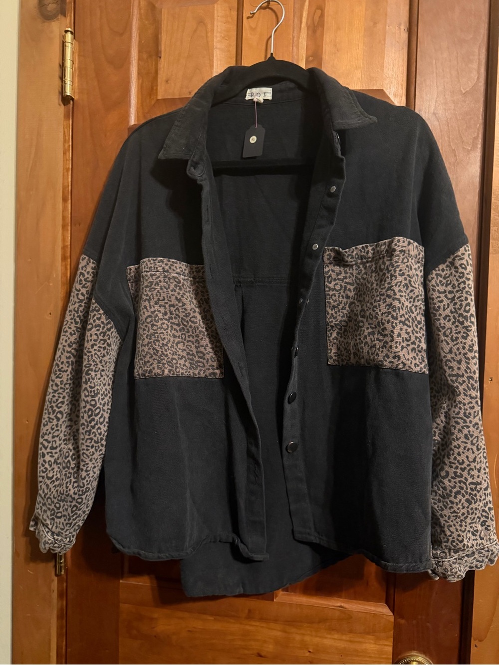 POL Black Oversized Jacket with Leopard Print Panels